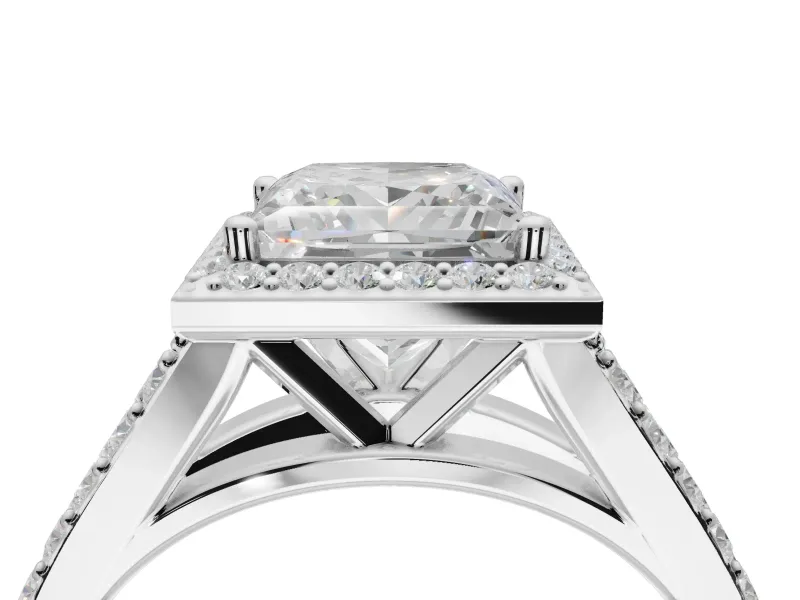 Princess Cut Halo Pavé Engagement Ring Setting | Narrow Split Shank | White Gold