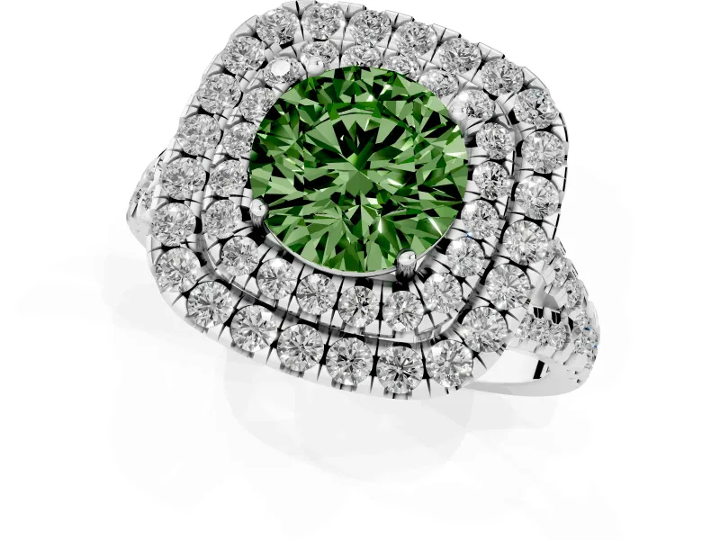Round Halo Split Shank Engagement Ring Setting for a Fancy Green Lab-Grown Diamond | Pavé Strands | Sterling Silver