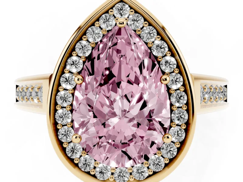 Fancy Pink Pear Cut Diamond Halo Solitaire Ring Set in Yellow gold with Pavé Band and Bezel Setting