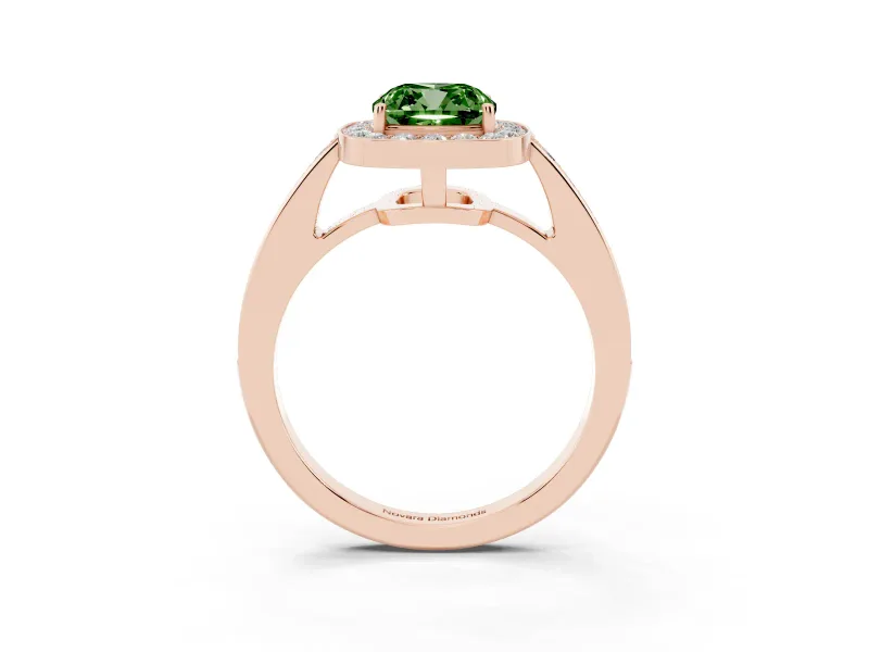 Fancy Green Cushion Cut Diamond Halo Pavé Engagement Ring Set in Rose gold with Bezel Setting