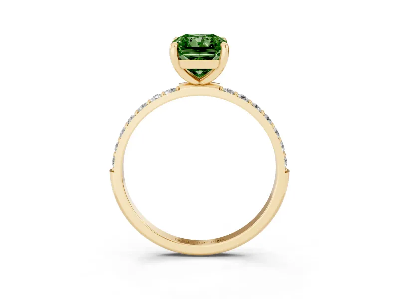Fancy Green Radiant Cut Diamond Solitaire Ring Set in Yellow gold with Round Pavé Band and Prong Setting