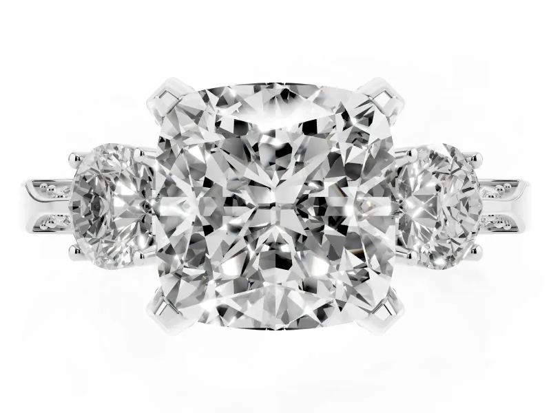 Cushion Cut Hidden Halo Three Stone Engagement Ring Setting | Pave Gallery | Sterling Silver