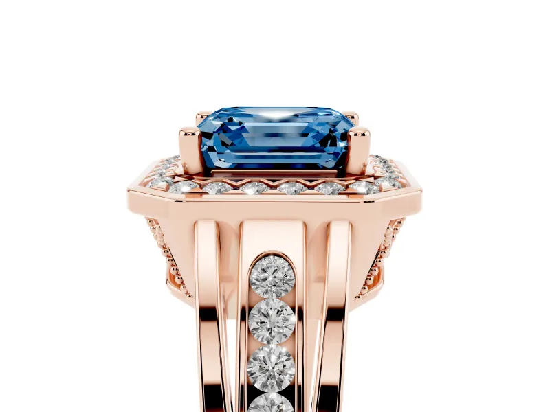 Asscher Cut Halo Engagement Ring Setting for a Fancy Blue Lab-Grown Diamond | Channel-Set Split Shank | Rose Gold