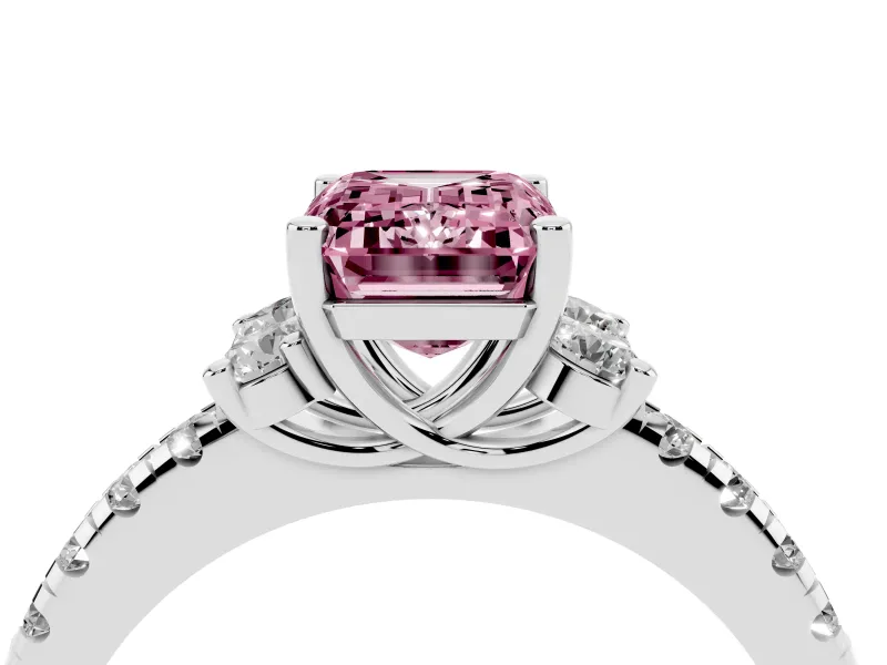 Emerald Cut Side Stone Engagement Ring Setting for a Fancy Pink Lab-Grown Diamond | Pave Band | Sterling Silver