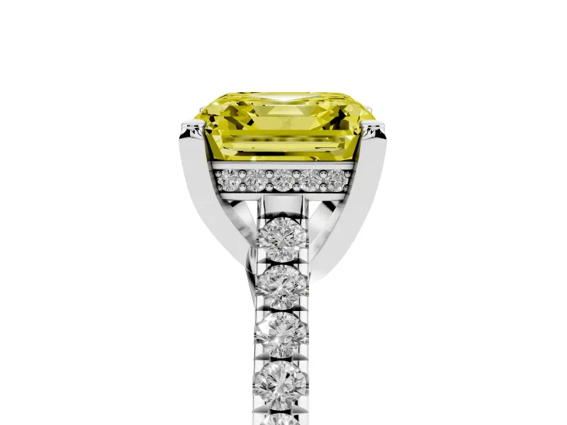 Asscher Cut Hidden Halo Pave Engagement Ring Setting for a Fancy Yellow Lab-Grown Diamond | Claw Prongs | White Gold