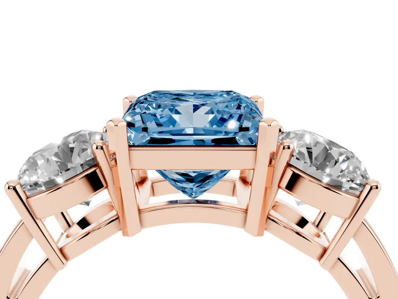Princess Cut Three Stone Engagement Ring Setting for a Fancy Blue Lab-Grown Diamond | Wide Plain Band | Rose Gold