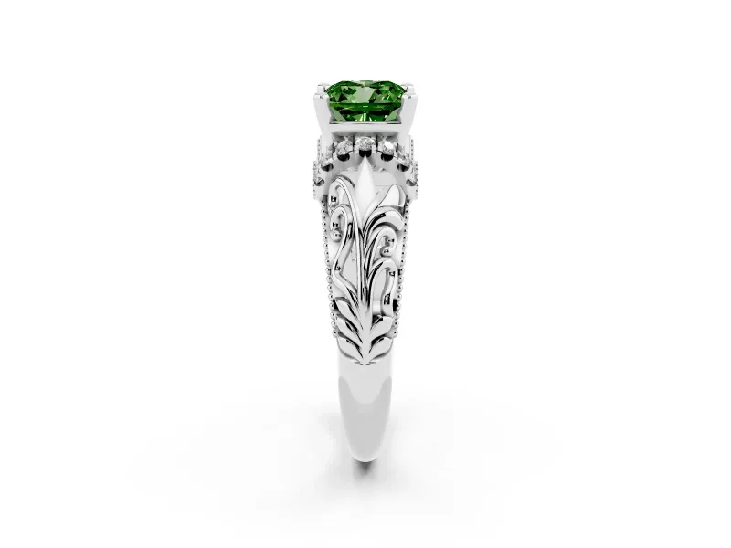 Fancy Green Cushion Cut Diamond Filigree Halo Engagement Ring Set in Silver with Prong Setting