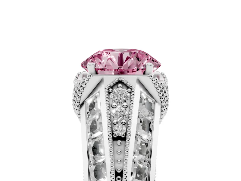 Fancy Pink Round Cut Diamond Vintage-Inspired Milgrain Ring Set in White gold with Accent Split Shank