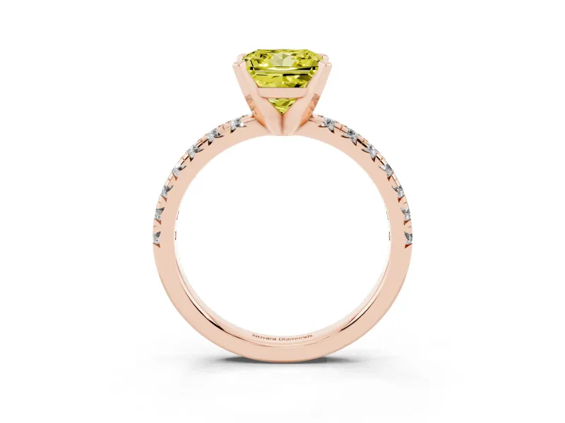 Fancy Yellow Princess Cut Diamond Solitaire Pavé Engagement Ring Set in Rose gold with Round Band and Prong Setting