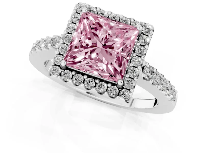 Fancy Pink Princess Cut Diamond Halo Pavé Solitaire Ring Set in Silver with Prong-Set Center Stone