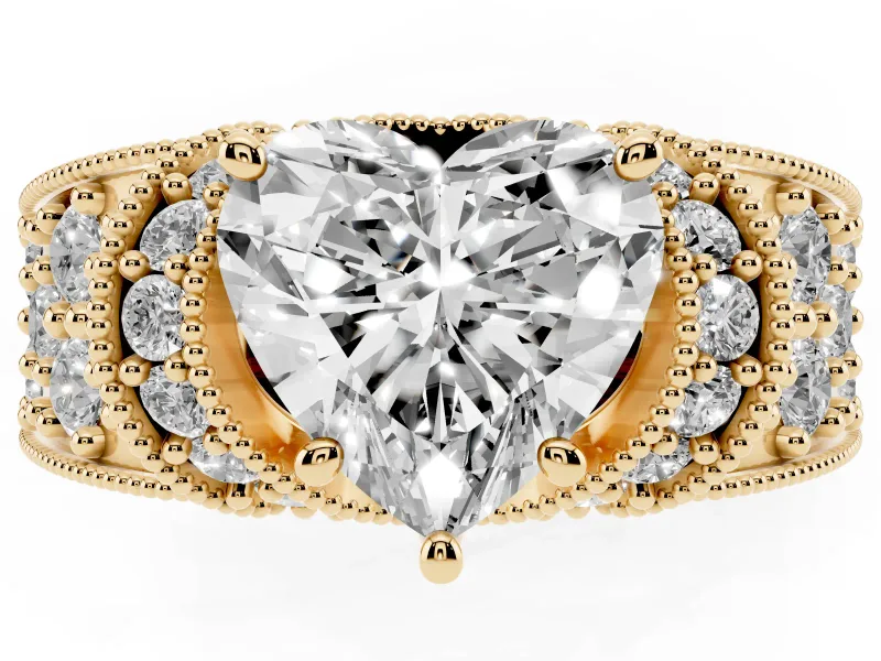 Heart-Shaped Vintage Milgrain Pave Engagement Ring Setting | Crescent Side Rows | Yellow Gold