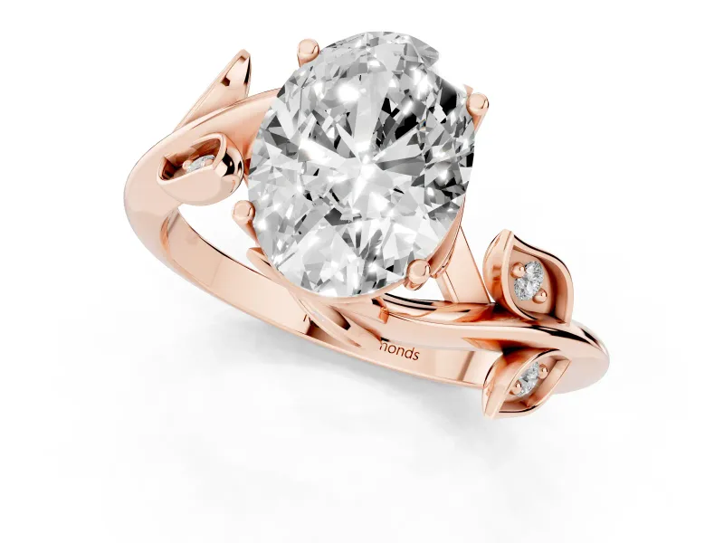 Oval Cut Diamond Solitaire Twist Engagement Ring Set in Rose gold with Pavé Leaf Accents