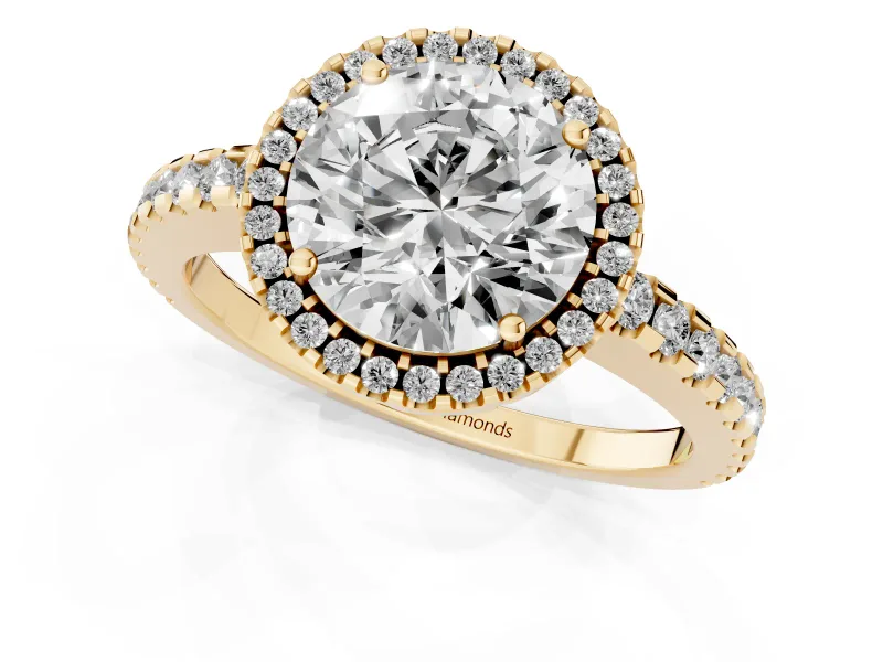 Round Halo Engagement Ring Setting | Half Pave Band | Yellow Gold