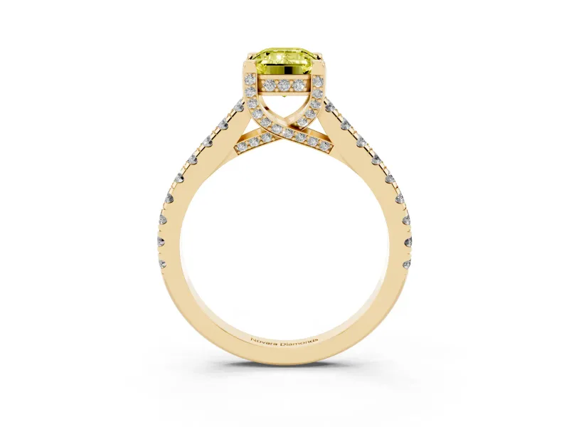 Emerald Cut Hidden Halo Pave Engagement Ring Setting for a Fancy Yellow Lab-Grown Diamond | Claw Prongs | Yellow Gold