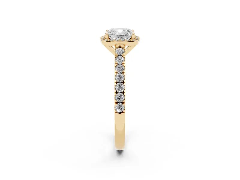Cushion Cut Diamond Halo Engagement Ring Set in Yellow gold with Pavé Band and Prong Setting