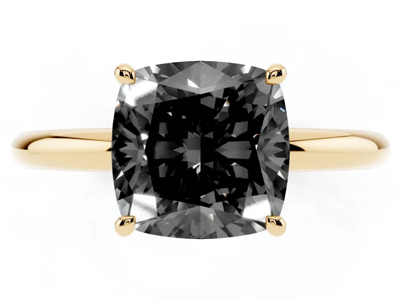 Fancy Black Cushion Cut Diamond Solitaire Ring Set in Yellow gold with Thin Band and Prong Setting