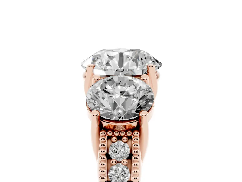 Round Vintage Three Stone Engagement Ring Setting | Milgrain Pavé Band | Rose Gold