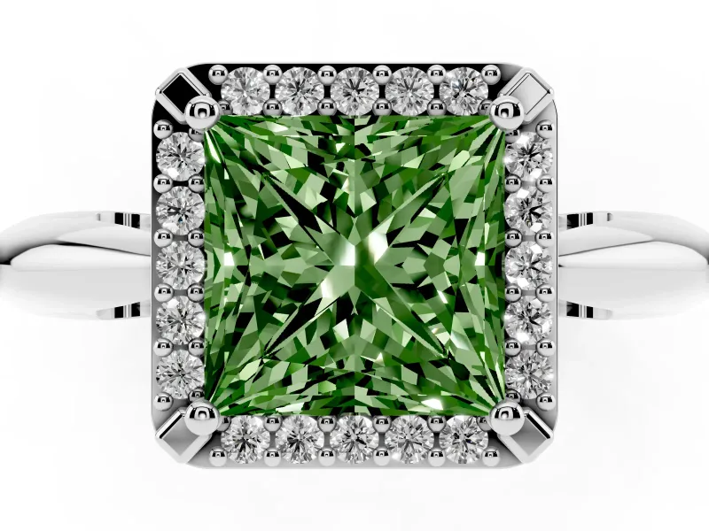 Fancy Green Princess Cut Diamond Halo Engagement Ring Set in Platinum with Plain Split Shank and Prong Setting