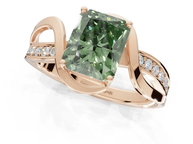 Radiant Cut Bypass Solitaire Engagement Ring Setting for a Fancy Green Lab-Grown Diamond | Pavé Strands | Rose Gold