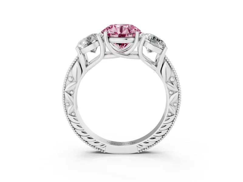 Round Vintage Three Stone Engagement Ring Setting for a Fancy Pink Lab-Grown Diamond | Sterling Silver