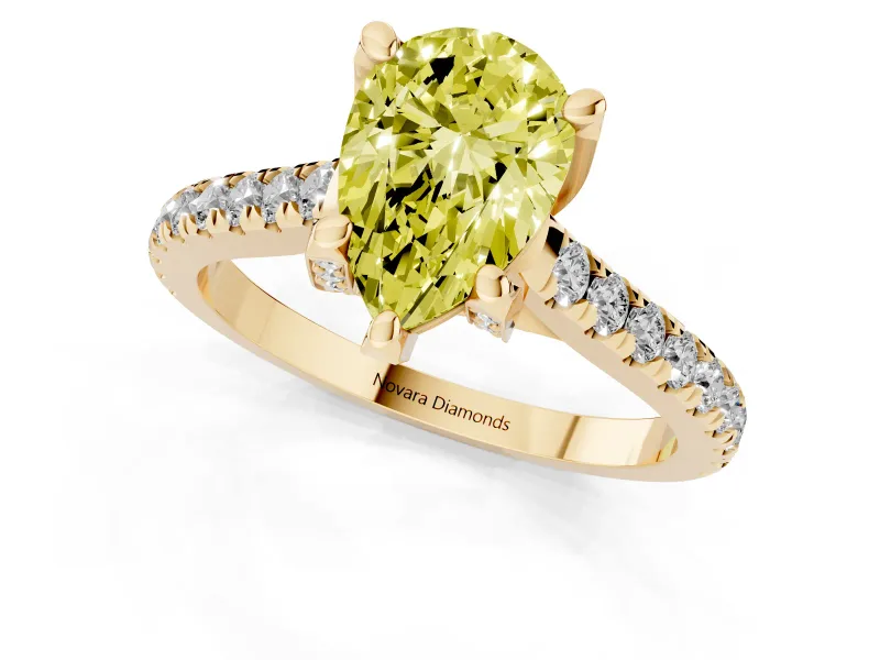 Pear-Shaped Hidden Halo Pave Engagement Ring Setting for a Fancy Yellow Lab-Grown Diamond | Claw Prongs | Yellow Gold