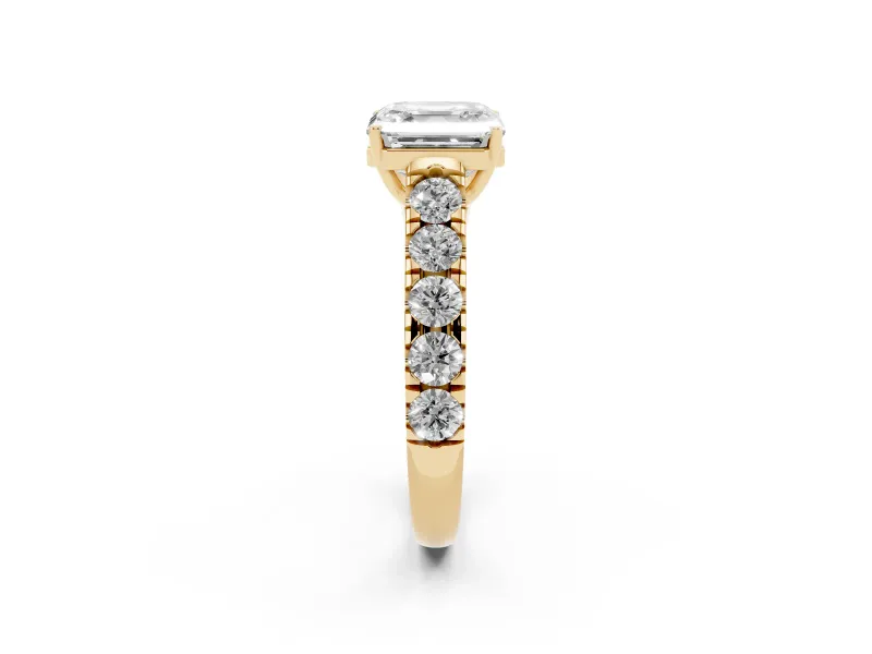 Asscher Cut Cut-Down Side Stone Engagement Ring Setting | Scalloped Shoulders | Yellow Gold