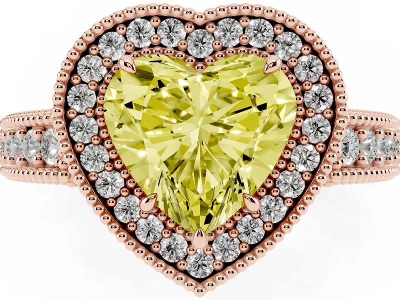 Fancy Yellow Heart Cut Diamond Halo Ring Set in Rose gold with Round Accent Halo, Pavé Band and Prong Setting