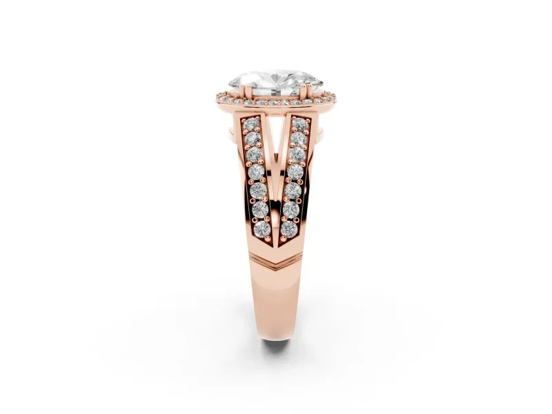 Oval Cut Diamond Halo Ring Set in Rose gold with Double Pavé Split Shank
