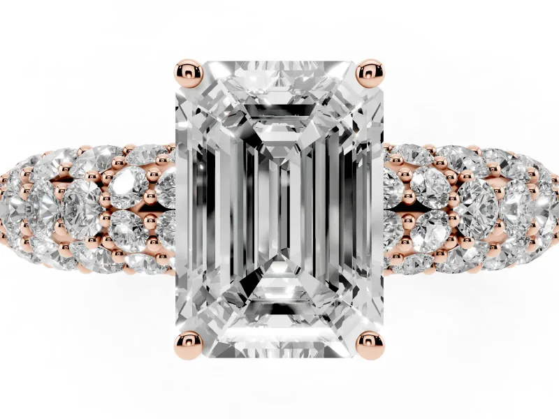 Emerald Cut Multi Row Pave Solitaire Engagement Ring Setting | Domed Shoulders | Rose Gold
