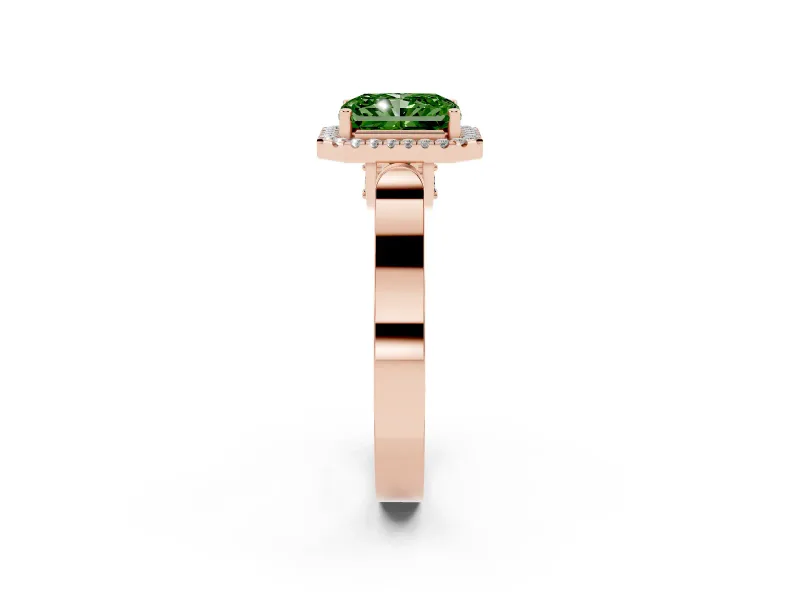 Radiant Cut Halo Engagement Ring Setting for a Fancy Green Lab-Grown Diamond | Pavé Panel Shoulders | Rose Gold