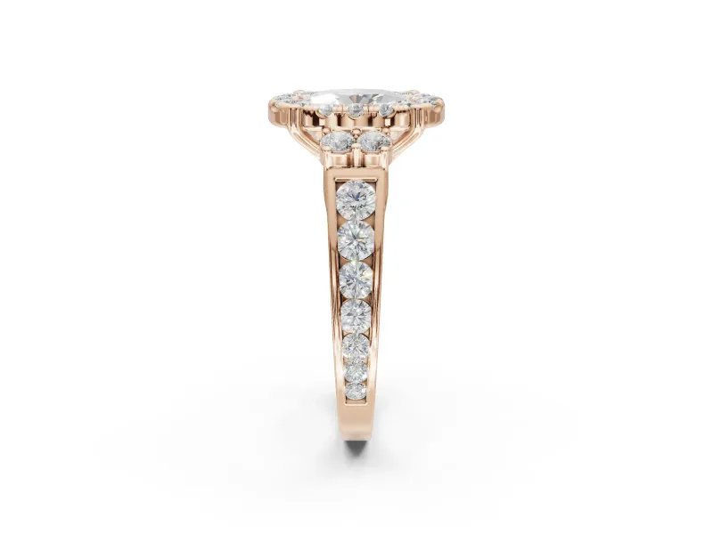 Oval Halo Side Cluster Engagement Ring Setting | Graduated Channel Band | Rose Gold