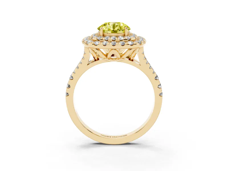 Round Halo Split Shank Engagement Ring Setting for a Fancy Yellow Lab-Grown Diamond | Pavé Strands | Yellow Gold
