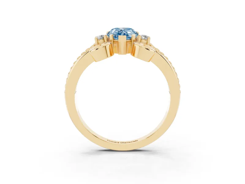 Fancy Blue Pear Cut Diamond Twisted Band Solitaire Ring Set in Yellow gold with Scroll Prongs