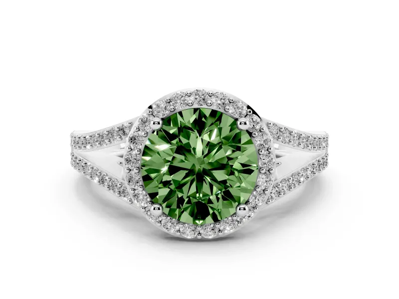 Fancy Green Round Cut Diamond Halo Split Shank Ring Set in Silver with Accent Stones and Prong Setting