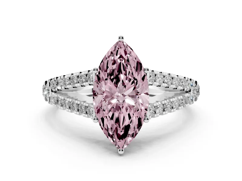 Fancy Pink Marquise Cut Diamond Split Shank Pavé Engagement Ring Set in White gold with Prong-Held Center Stone