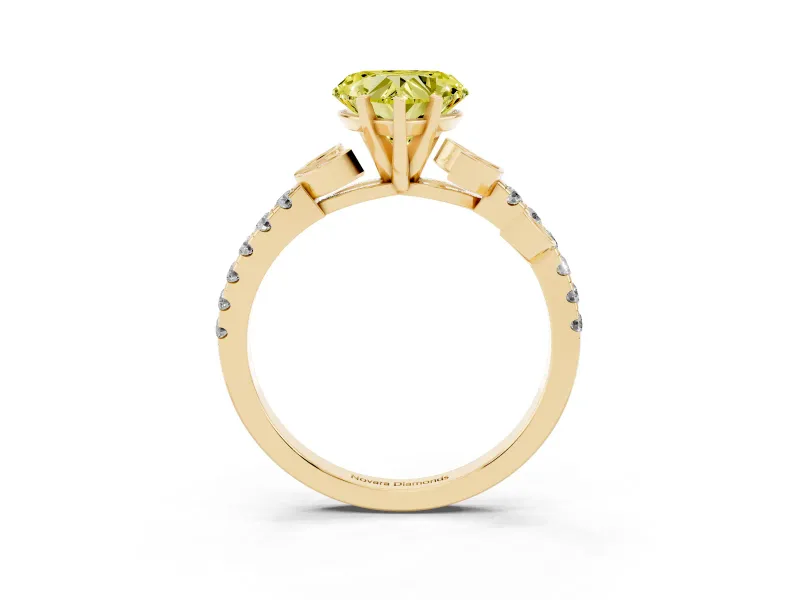Fancy Yellow Heart Cut Diamond Solitaire Leaf-Inspired Ring Set in Yellow gold with Pavé Band and Prong Setting