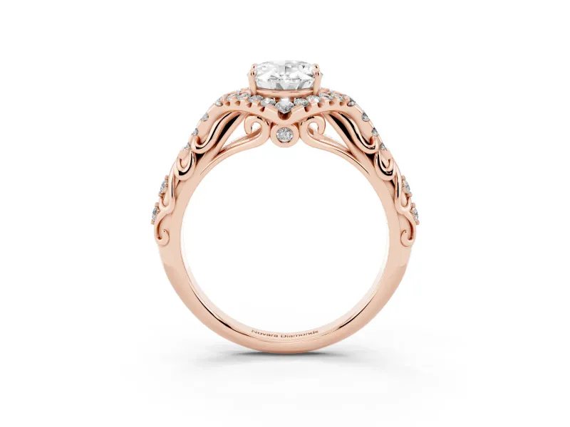 Oval Hidden Halo Filigree Engagement Ring Setting | Pavé Shoulders | Rose Gold