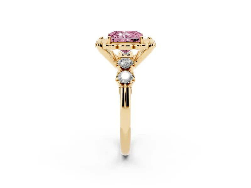Fancy Pink Radiant Cut Diamond Floral Halo Ring Set in Yellow gold with Shared Prong Band