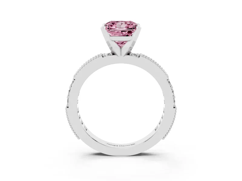Fancy Pink Princess Cut Diamond Solitaire Ring Set in White gold with Slim Pavé Band and Prong Setting
