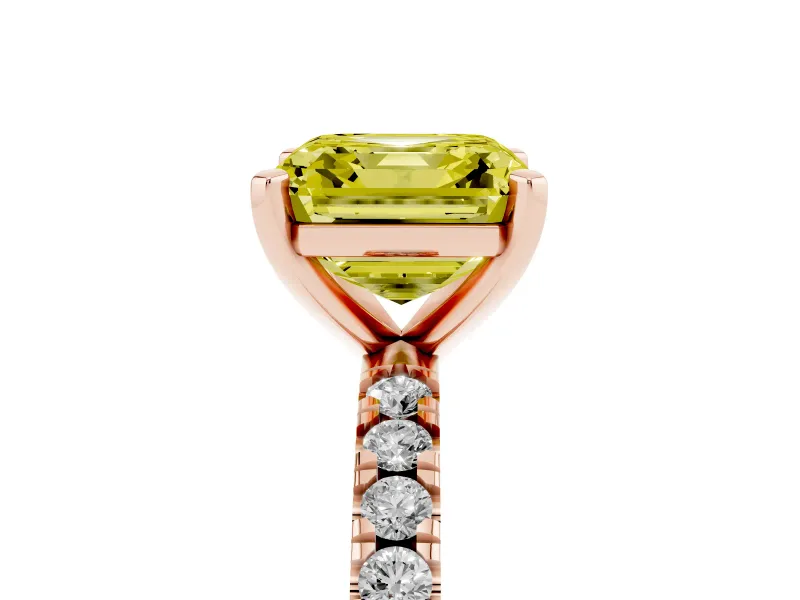 Fancy Yellow Asscher Cut Diamond Pavé Band Solitaire Set in Rose gold with Prong Setting