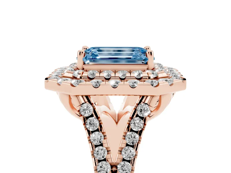 Emerald Cut Halo Split Shank Engagement Ring Setting for a Fancy Blue Lab-Grown Diamond | Pavé Strands | Rose Gold