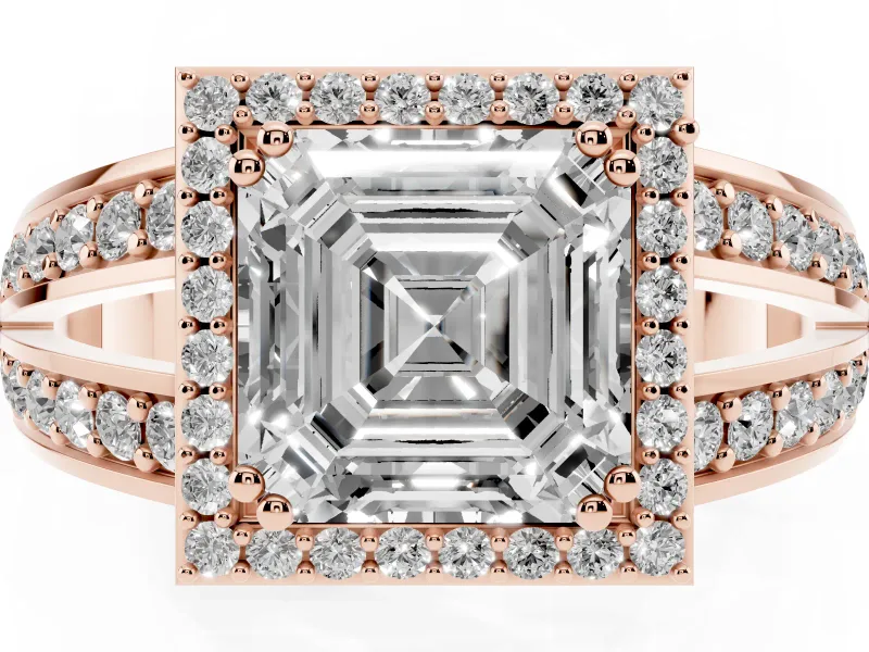 Asscher Cut Halo Engagement Ring Setting | Two-Row Pave Split Shank | Rose Gold
