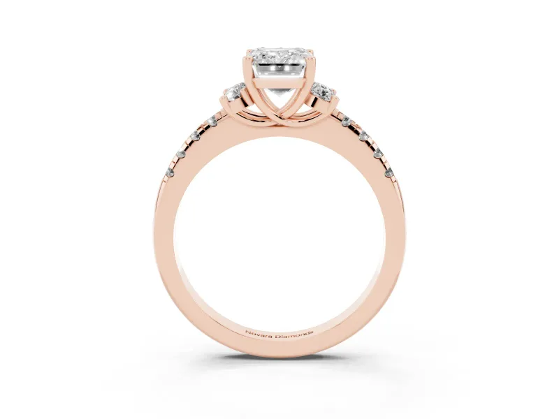 Emerald Cut Side Stone Pave Engagement Ring Setting | Paired Round Accents | Rose Gold