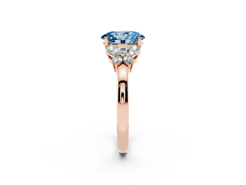 Oval Floral Engagement Ring Setting for a Fancy Blue Lab-Grown Diamond | Petal Shoulders | Rose Gold