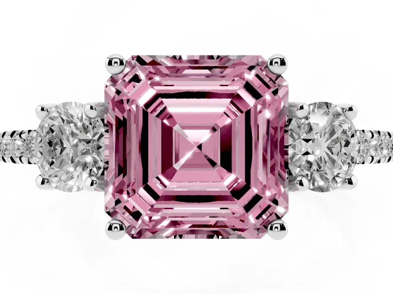 Asscher Cut Three Stone Engagement Ring Setting for a Fancy Pink Lab-Grown Diamond | Pave Shoulders | Platinum
