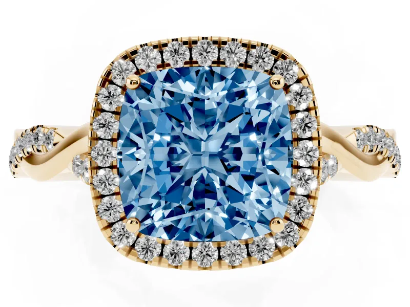 Cushion Cut Twist Halo Engagement Ring Setting for a Fancy Blue Lab-Grown Diamond | Yellow Gold