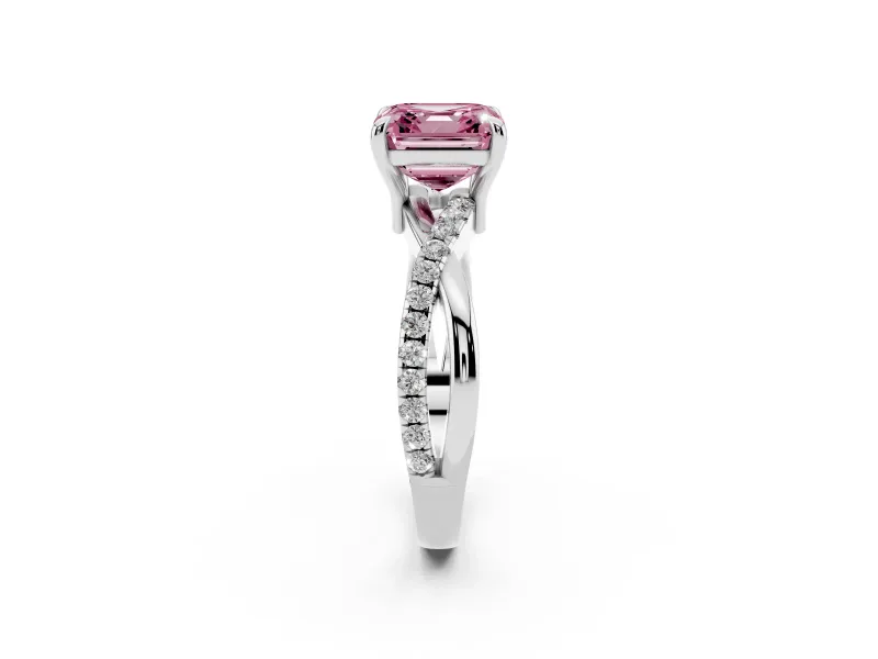 Fancy Pink Asscher Cut Diamond Twist Band Solitaire Set in Platinum with Pavé Accents and Prong Setting