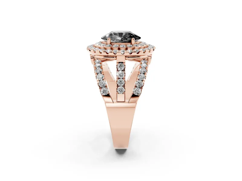 Oval Double Halo Split Shank Engagement Ring Setting for a Black Center | Pavé Strands | Rose Gold