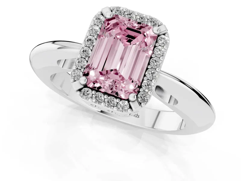 Fancy Pink Emerald Cut Diamond Halo Engagement Ring Set in Platinum with Plain Split Shank and Prong Setting
