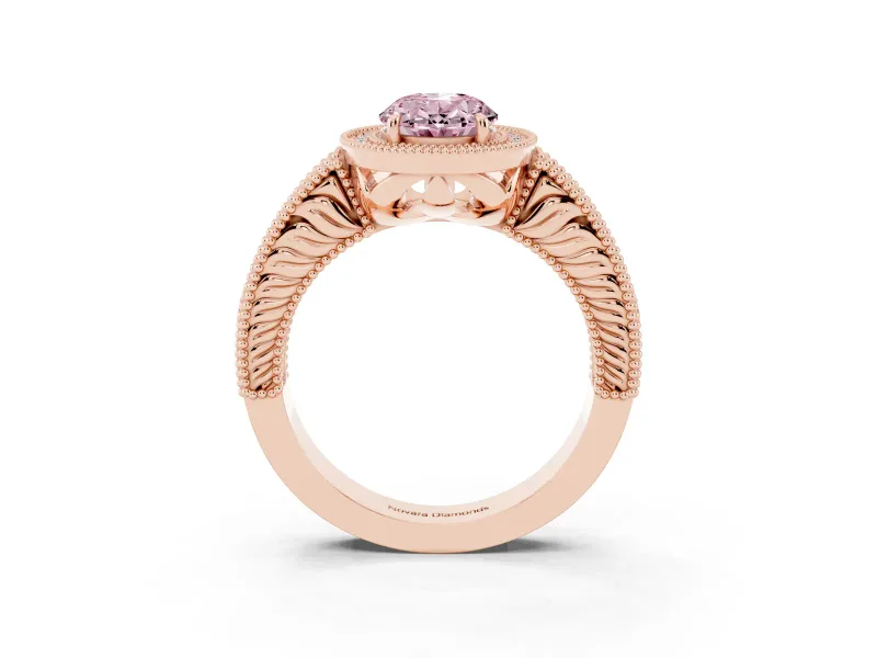 Fancy Pink Oval Cut Diamond Halo Ring Set in Rose gold with Round Accent Halo, Pavé Band and Prong Setting